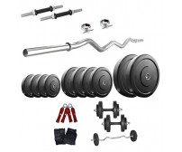 Body Maxx Home Gym Set (Rubber Plates, Dumbells Rods, Gloves, Gripper, 3 Feet EZ Curl Bar and Locks), 10 Kg 